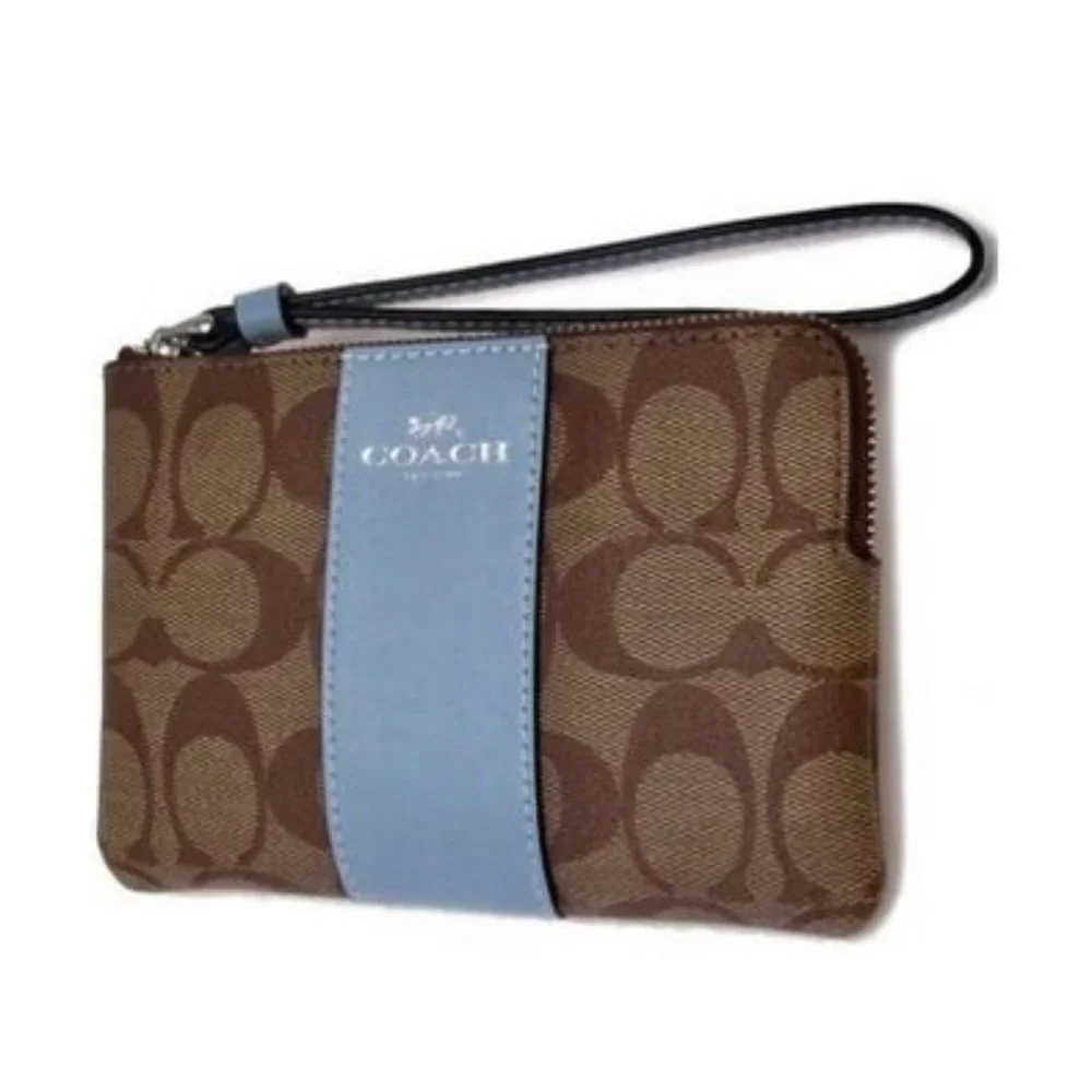 Corner Zip Wristlet In Signature Canvas Khaki / Marble Blue